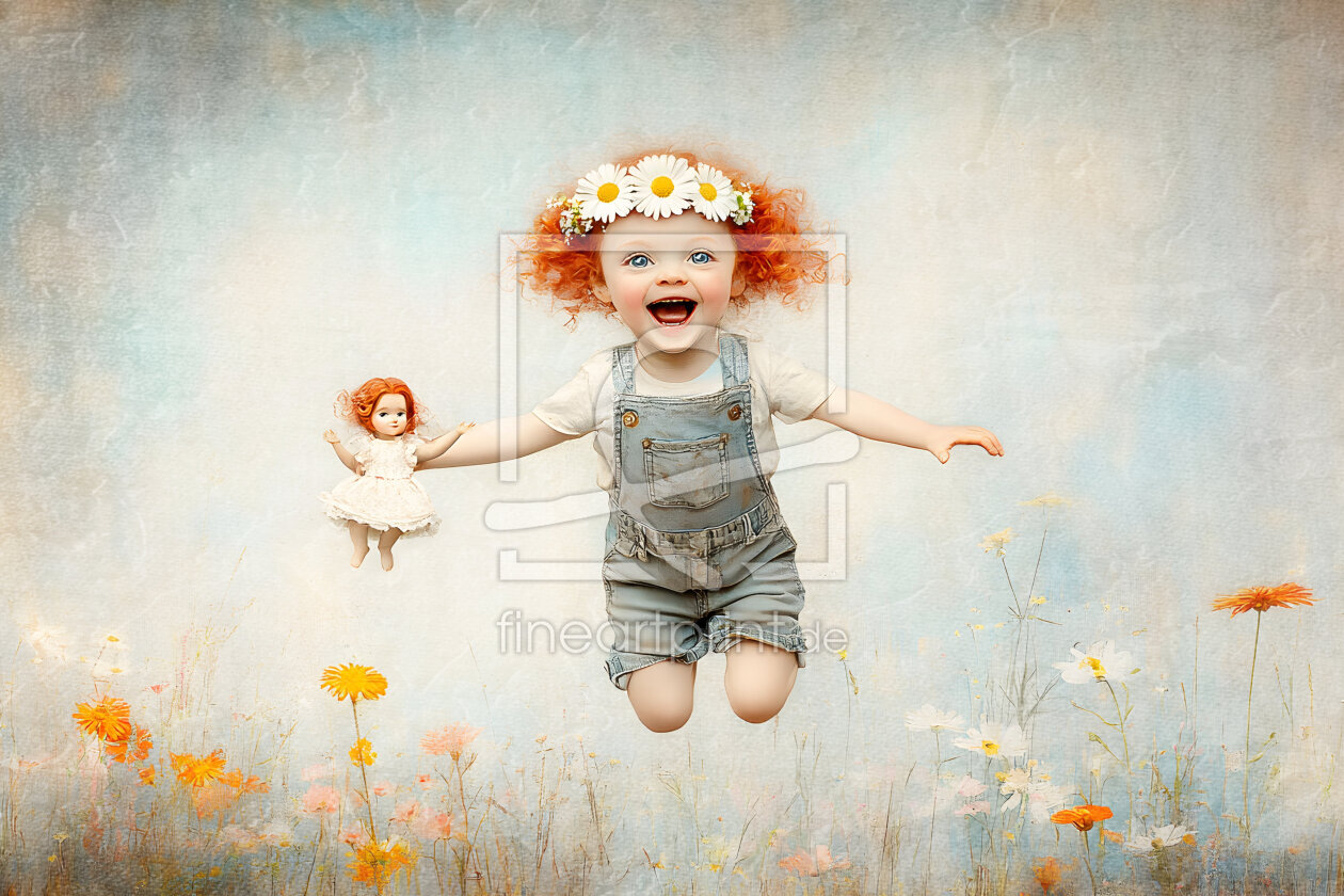 Bild-Nr.: 12843823 Hüpfendes Wiesenmädchen mit Puppe erstellt von Heike  Hultsch